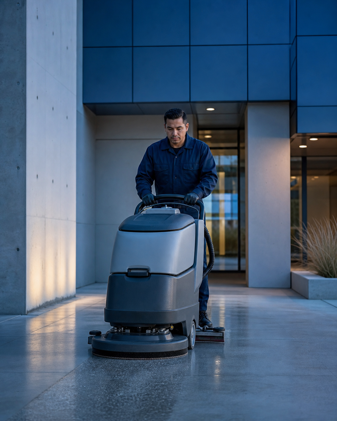 A cleaning operator guiding a floor scrubber at the entrance of a modern commercial building.
